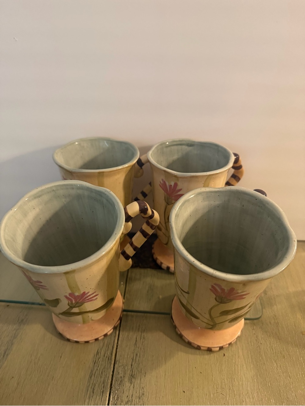 Hand-Painted Floral Ceramic Coffee Mugs in Pale Yellow (Set of 4)